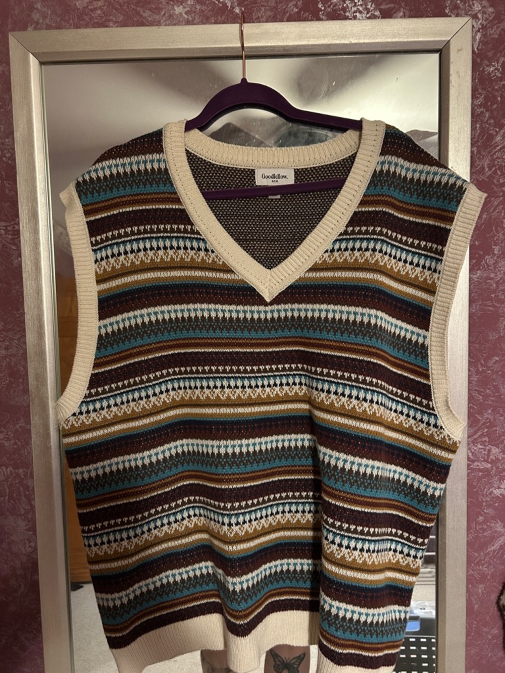 Goodfellow & Co Men's V-Neck Striped Sweater Vest in Cream, Brown & Blue